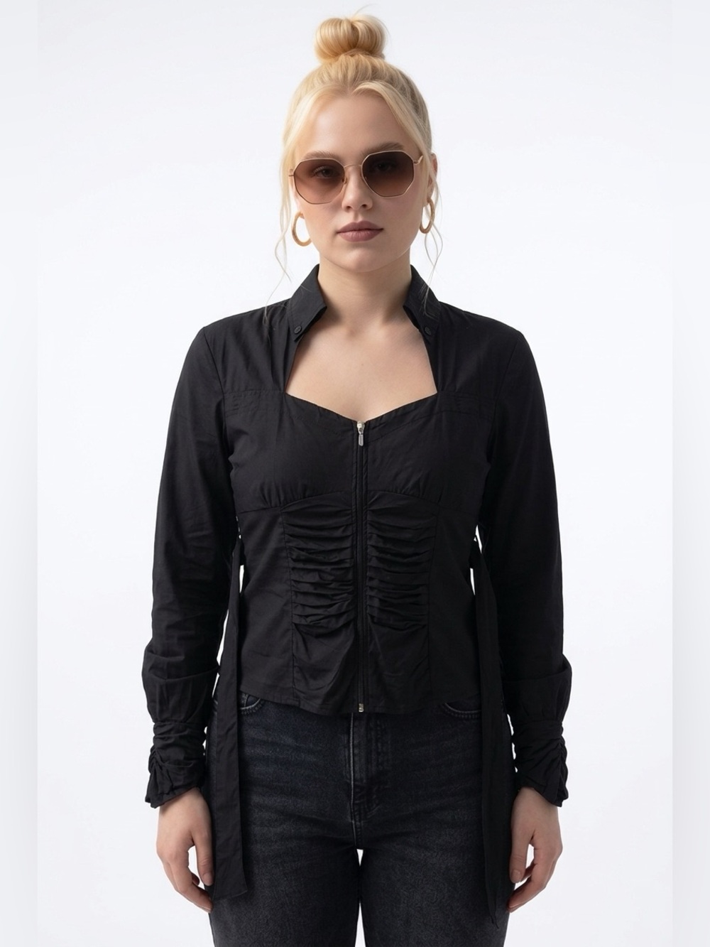 90s foxy jeans ruched blouse
